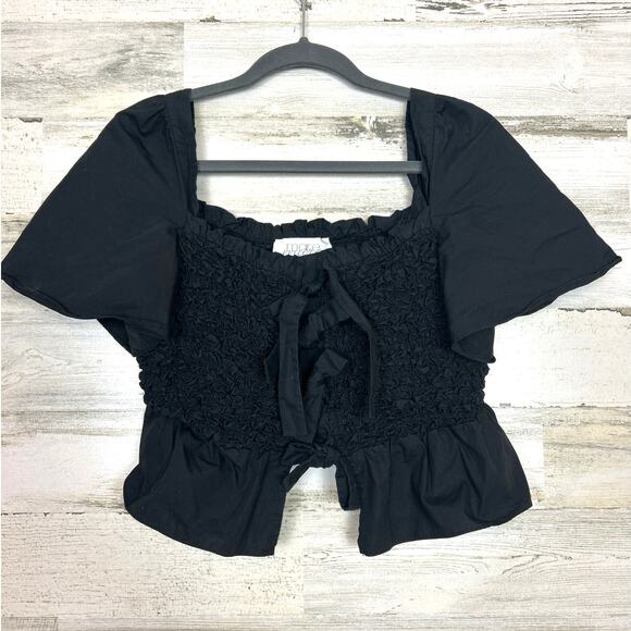 Anthropologie Mare Mare Womens Small Black Smocked Ruffle Short Sleeve Blouse - Picture 2 of 7